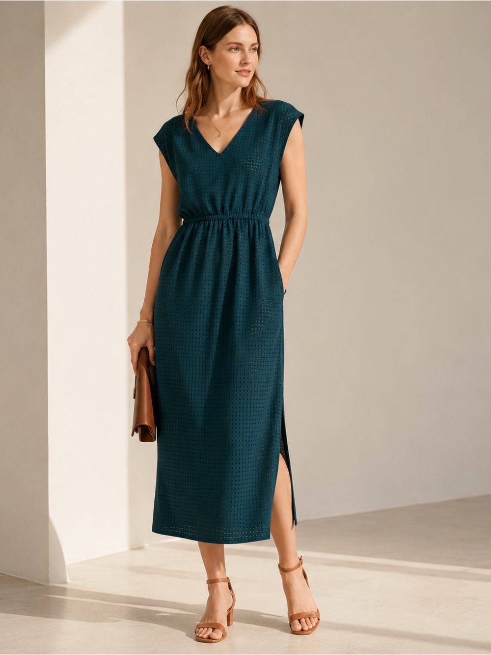 J.Crew Perforated Drapey Dress Sherwood Green Midi Side Slit Size 14